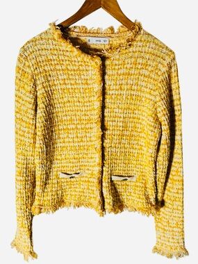 Mango MNG Yellow Tweed Jacket Heart Buttons Cropped Frayed EUC M